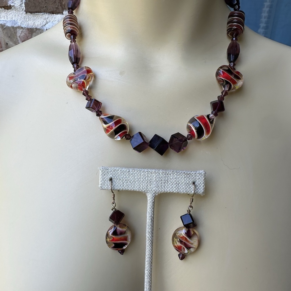 Vintage Lampwork Art Glass Bead Necklace 18 Inch w Earrings Set Gold Tone Toggle